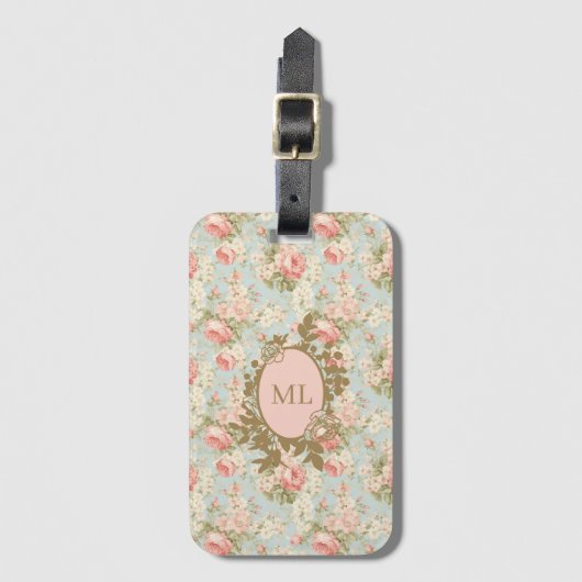 Shabby Chic  Rozen Bloemenmonogram Bagagelabel (Voorkant (verticaal))