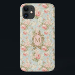 Shabby Chic  Rozen Bloemenmonogram Case-Mate iPhone Case<br><div class="desc">Elegante shabby chique bloementelefoonhoesje, versierd met Victoriaans blush roze en witte rozen op een lichte eendeneierblauwe achtergrond, deze hoes biedt een verfijnde en charmante uitstraling. Gemaakt van hoogwaardige materialen, biedt het een uitstekende bescherming tegen krassen, stoten en dagelijks draag. Personaliseer het met een monogram voor een uniek tintje, waardoor het...</div>