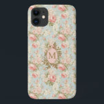 Shabby Chic  Rozen Bloemenmonogram Case-Mate iPhone Case<br><div class="desc">Elegante shabby chique bloementelefoonhoesje, versierd met Victoriaans blush roze en witte rozen op een lichte eendeneierblauwe achtergrond, deze hoes biedt een verfijnde en charmante uitstraling. Gemaakt van hoogwaardige materialen, biedt het een uitstekende bescherming tegen krassen, stoten en dagelijks draag. Personaliseer het met een monogram voor een uniek tintje, waardoor het...</div>