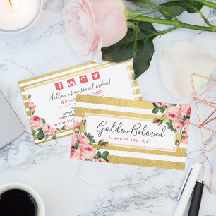 Shabby Chic  Rozen & Gold Stripes Social Visitekaartje
