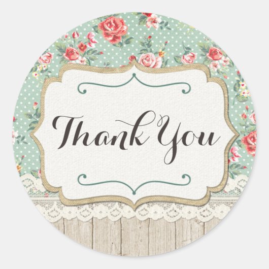 Shabby Chic Rozen, Kant & Burlap Burlap Dank u Ronde Sticker (Voorkant)