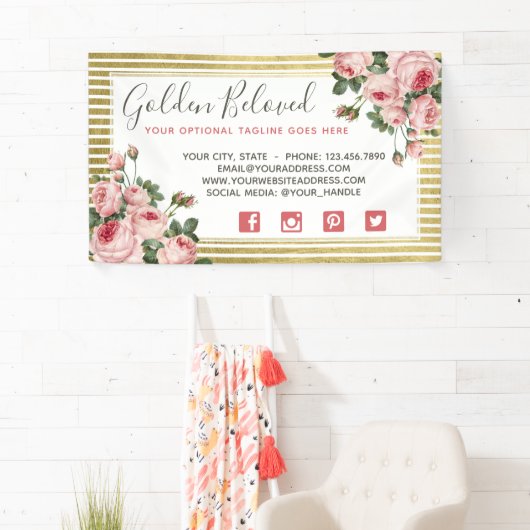 Shabby Chic  Rozen & Modern Gold Stripes Spandoek (Insitu)