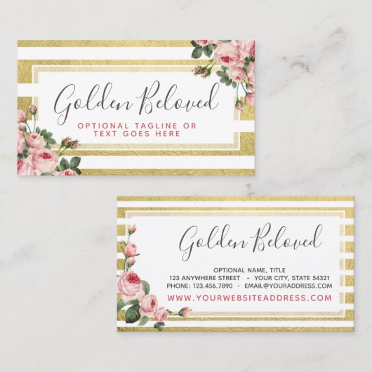 Shabby Chic  Rozen & Modern Gold Stripes Visitekaartje (Voorkant / Achterkant)