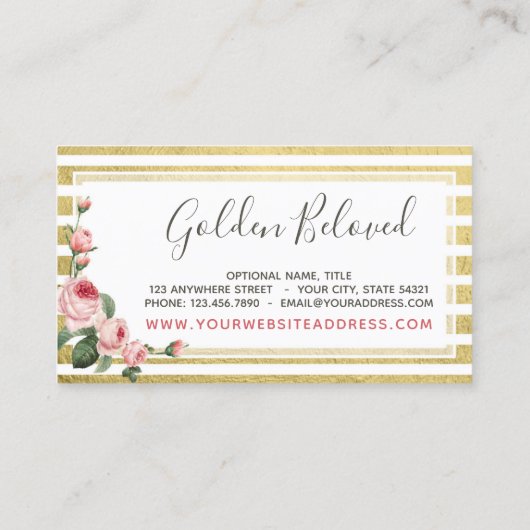 Shabby Chic  Rozen & Modern Gold Stripes Visitekaartje (Achterkant)