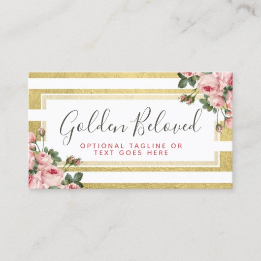 Shabby Chic  Rozen & Modern Gold Stripes Visitekaartje (Voorkant)