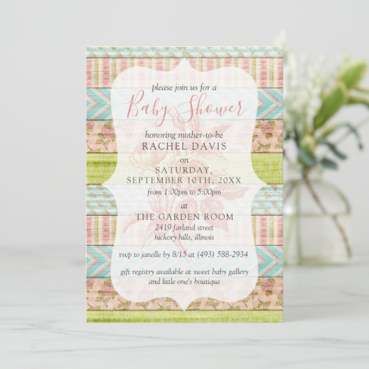 Shabby Chic Rozen Rustic Wood Floral Baby shower Kaart (Staand voorkant)