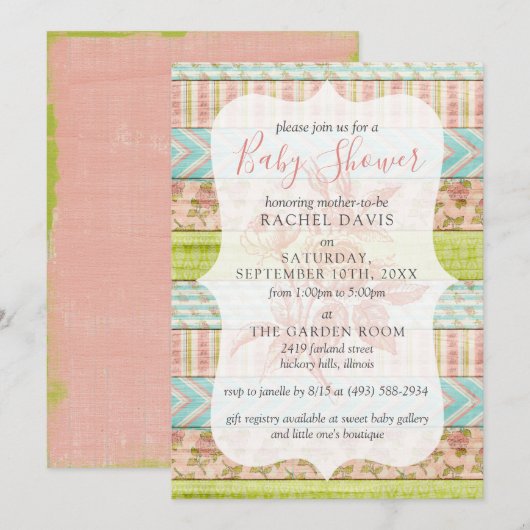 Shabby Chic Rozen Rustic Wood Floral Baby shower Kaart (Voorkant / Achterkant)