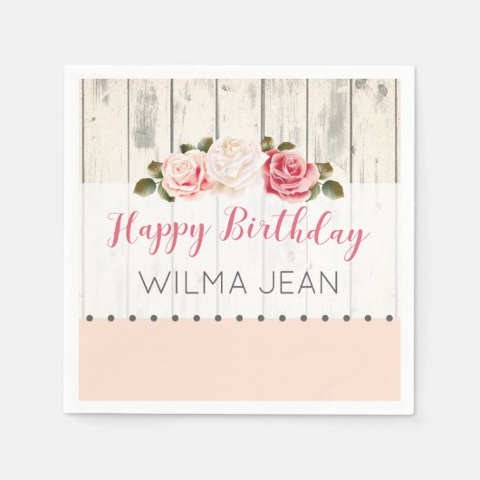 Shabby Chic Rozen Rustiek Hout Aangepaste Verjaard Servetten (Voorkant)