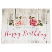 Shabby Chic Rozen Rustiek Wood Happy Birthday Large Cadeautasje (Voorkant)