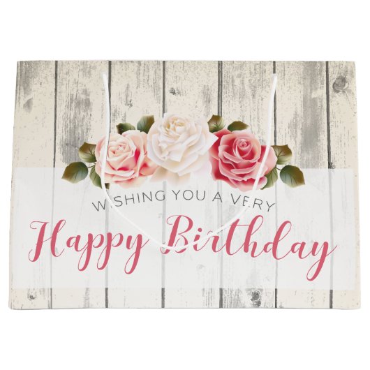 Shabby Chic Rozen Rustiek Wood Happy Birthday Large Cadeautasje (Voorkant)