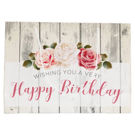 Shabby Chic Rozen Rustiek Wood Happy Birthday Large Cadeautasje (Achterkant)