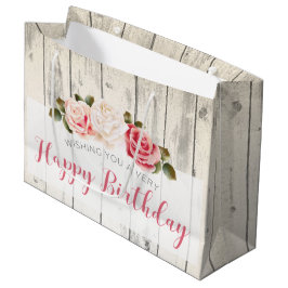 Shabby Chic Rozen Rustiek Wood Happy Birthday Large Cadeautasje