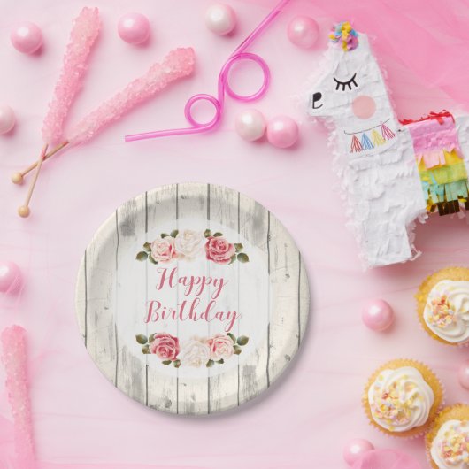 Shabby Chic Rozen Rustiek Wood Happy Birthday Papieren Bordje (Feest)