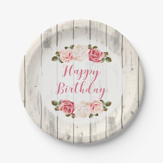 Shabby Chic Rozen Rustiek Wood Happy Birthday Papieren Bordje (Voorkant)