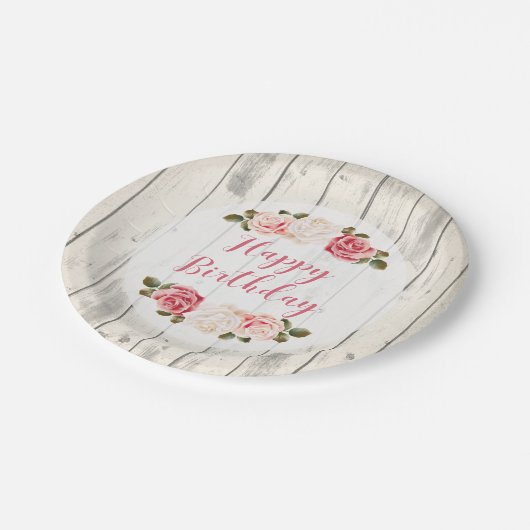Shabby Chic Rozen Rustiek Wood Happy Birthday Papieren Bordje (Gekanteld)