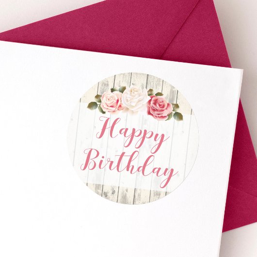 Shabby Chic Rozen Rustiek Wood Happy Birthday Ronde Sticker