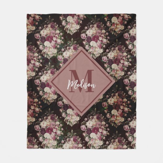  shabby chic rozen zwart diamantpatroon fleece deken (Voorkant)