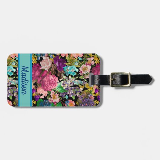  shabby chic rozen zwart roze motief bagagelabel (Voorkant horizontaal)