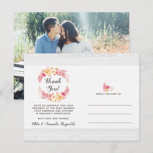 Shabby Chic Rustic Floral Baby shower Dank u Briefkaart (Voorkant / Achterkant)