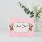 Shabby Chic Rustic Wood Pink Floral Roos Dank u Briefkaart (Staand voorkant)