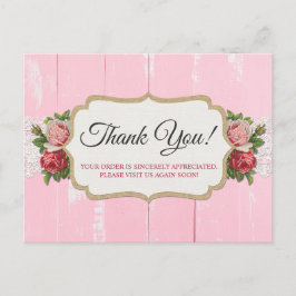 Shabby Chic Rustic Wood Pink Floral Roos Dank u Briefkaart