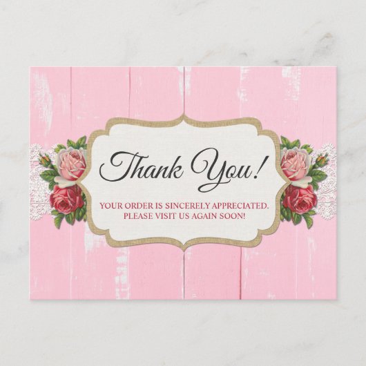Shabby Chic Rustic Wood Pink Floral Roos Dank u Briefkaart (Voorkant)