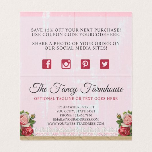 Shabby Chic Rustic Wood Pink Floral Roos Dank u Kaart (Binnenkant ongevouwen)