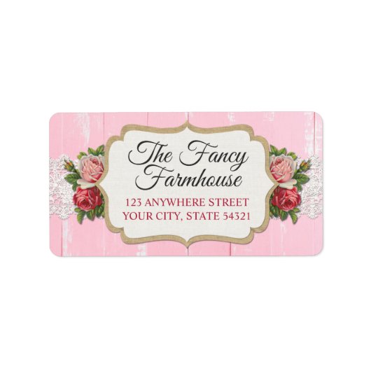Shabby Chic Rustic Wood Pink Floral Rozen Adres Etiket (Voorkant)