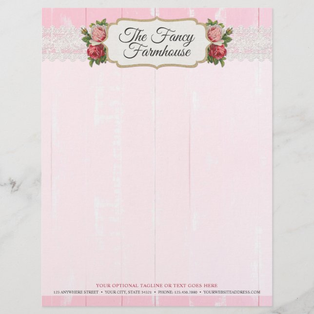 Shabby Chic Rustic Wood Pink Floral  Rozen Briefhoofd (Voorkant)