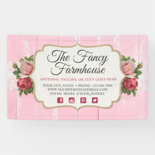 Shabby Chic Rustic Wood Pink Floral  Rozen Spandoek (Horizontaal)