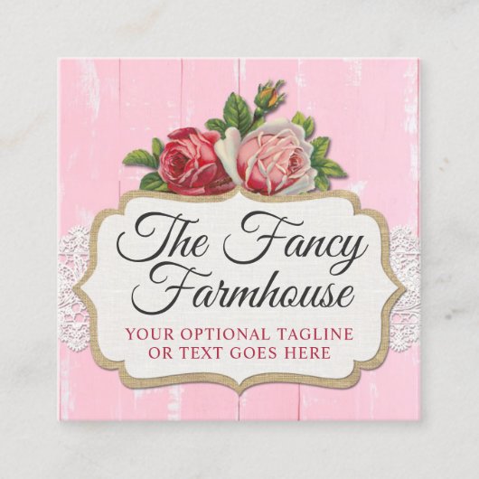 Shabby Chic Rustic Wood Pink Floral  Rozen Vierkante Visitekaartje (Voorkant)