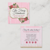 Shabby Chic Rustic Wood Pink Floral  Rozen Vierkante Visitekaartje (Voorkant / Achterkant)