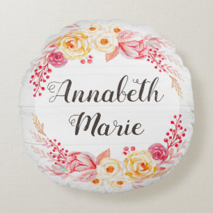 Shabby Chic Rustiek Bloemen Baby Naam Kinderkamer  Rond Kussen