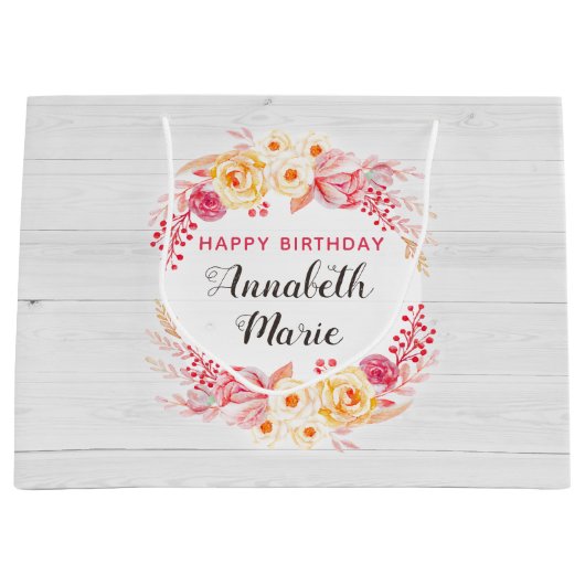 Shabby Chic Rustieke Bloemen Rozen Happy Birthday Groot Cadeauzakje (Voorkant)