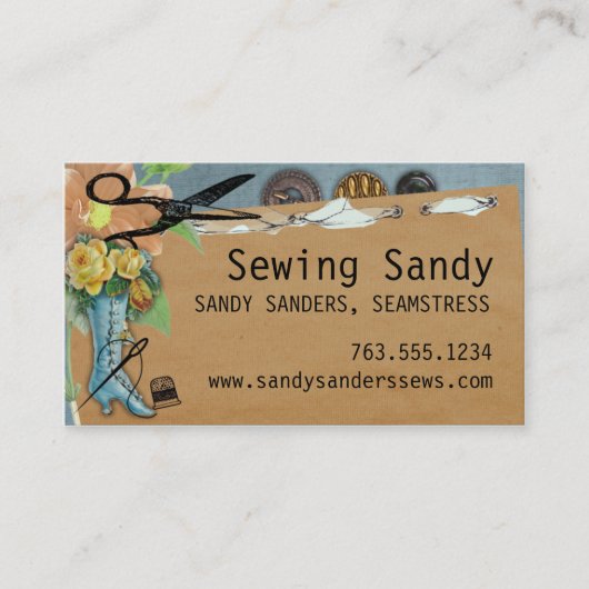 Shabby chic sewing boot scissors biz cards visitekaartje (Voorkant)