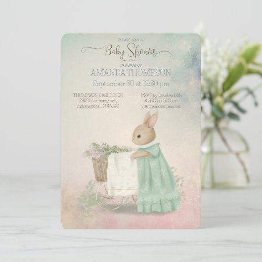 Shabby Chic Spring Rabbit Baby shower Invitation Kaart (Staand voorkant)