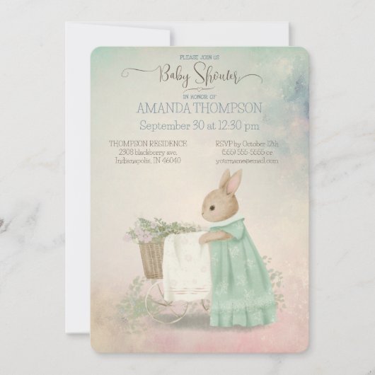 Shabby Chic Spring Rabbit Baby shower Invitation Kaart (Voorkant)