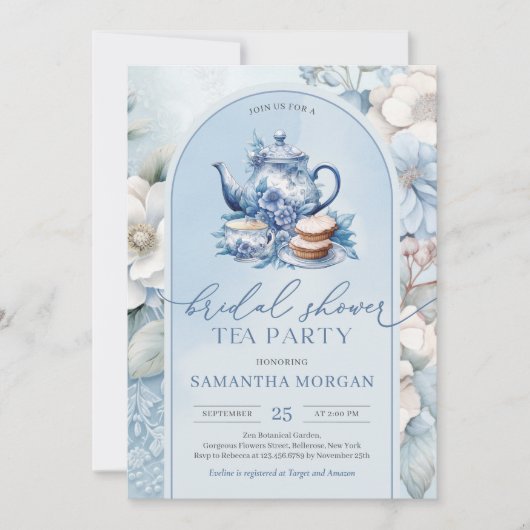 Shabby chic stoffig blauw en wit bruids thee party kaart (Voorkant)