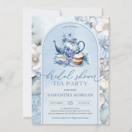 Shabby chic stoffig blauw en wit bruids thee party kaart