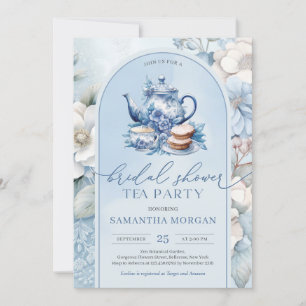 Shabby chic stoffig blauw en wit bruids thee party kaart