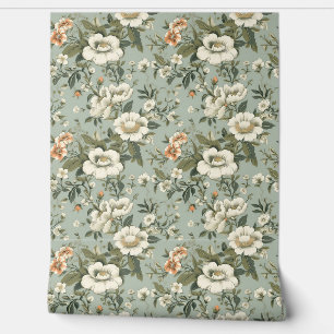Shabby chic stoffige groene witte  bloemetjes behang