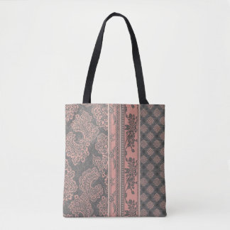 Shabby Chic Stofrose Roze Grijs Damast Patchwork Tote Bag