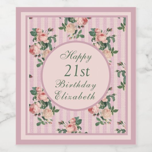 Shabby Chic Stripes en Blush Pink Roses Napkins Wijn Etiket (Enkel label)