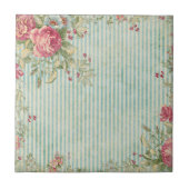 Shabby Chic Stripes & Rozen Ceramic Tiles Tegeltje (Voorkant)