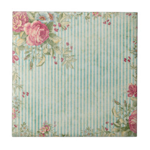Shabby Chic Stripes & Rozen Ceramic Tiles Tegeltje