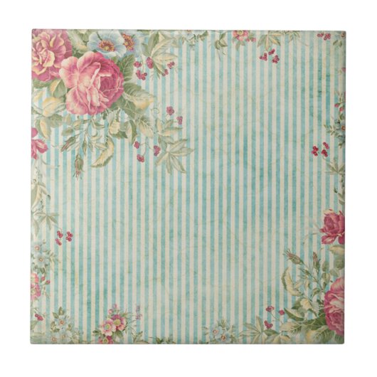 Shabby Chic Stripes & Rozen Ceramic Tiles Tegeltje (Voorkant)