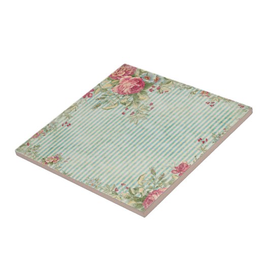 Shabby Chic Stripes & Rozen Ceramic Tiles Tegeltje (Zijkant)