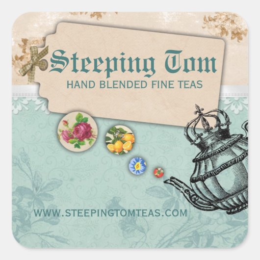 shabby chic tea  borrelen teapotkroon vierkante sticker (Voorkant)