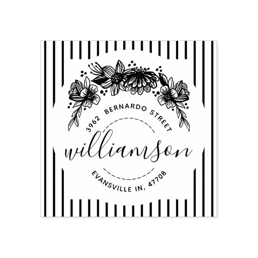 Shabby Chic Trendy Bloemen & Strepen Naam & Adres Rubberstempel (Afrduk)