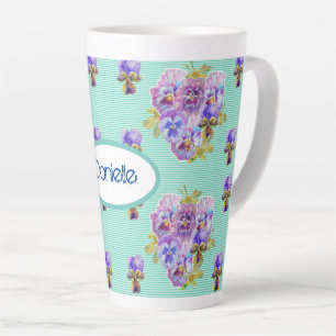 Shabby Chic Turquoise Aqua Pansy floral Latte Mok